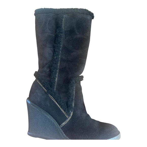 Coach Jordana Boots Women 6 M Black Suede Wedge Signature Logo Fur Trim Size 36M - Picture 2 of 14